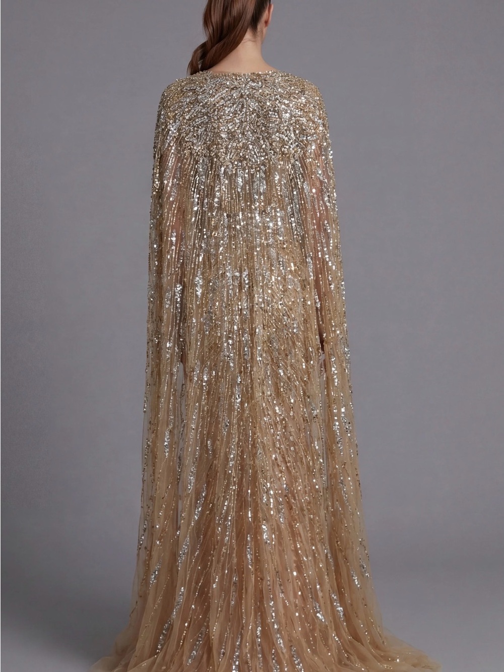 Jovani Gold Sequin V-Neck Gown Beaded Column Gown With Draped Cape Sleeves 36358 - Picture 3 of 9